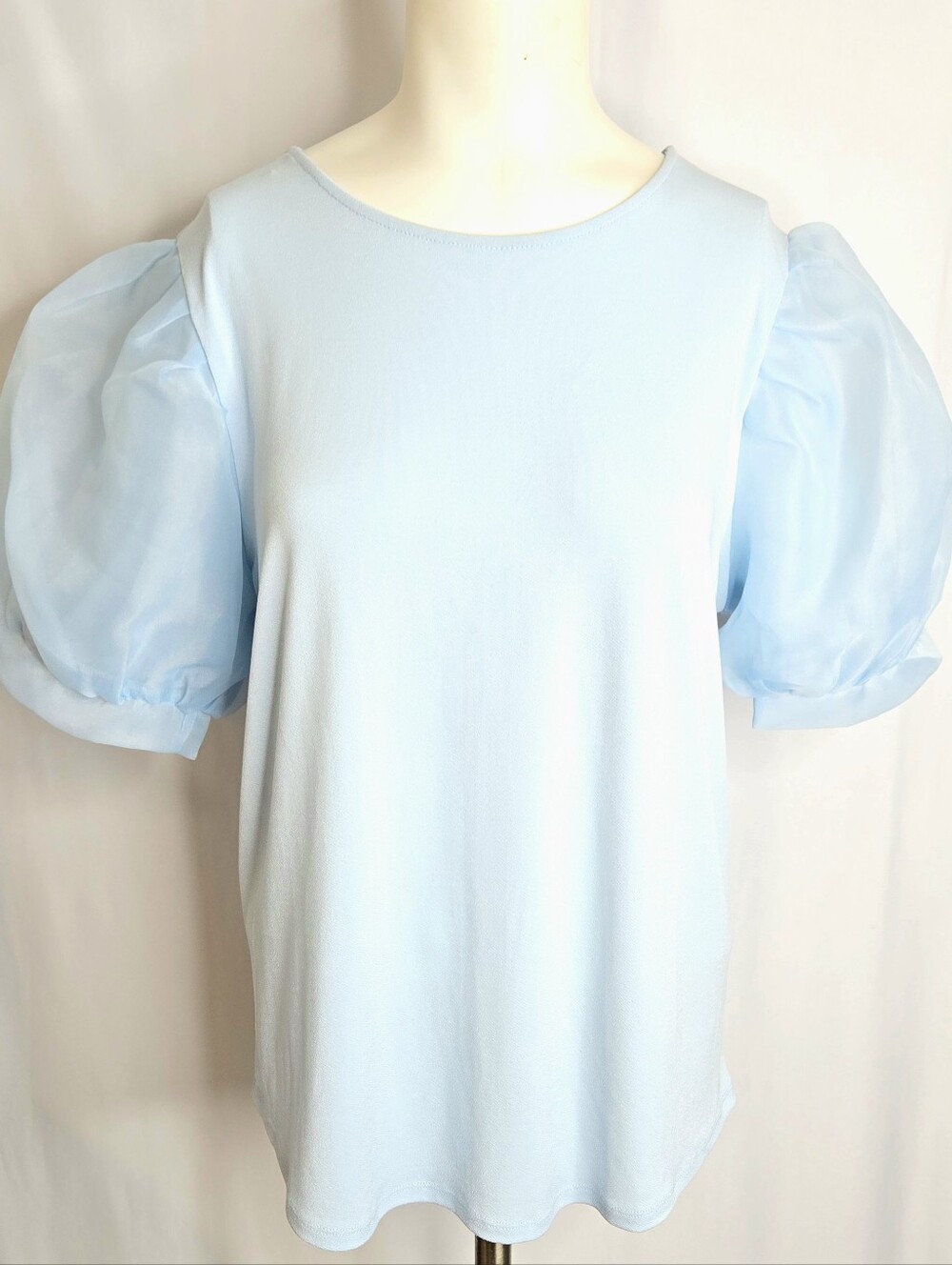 Adrianna Papell Blue Puff Sleeve Statement Blouse Sheer Organza Top M NWOT